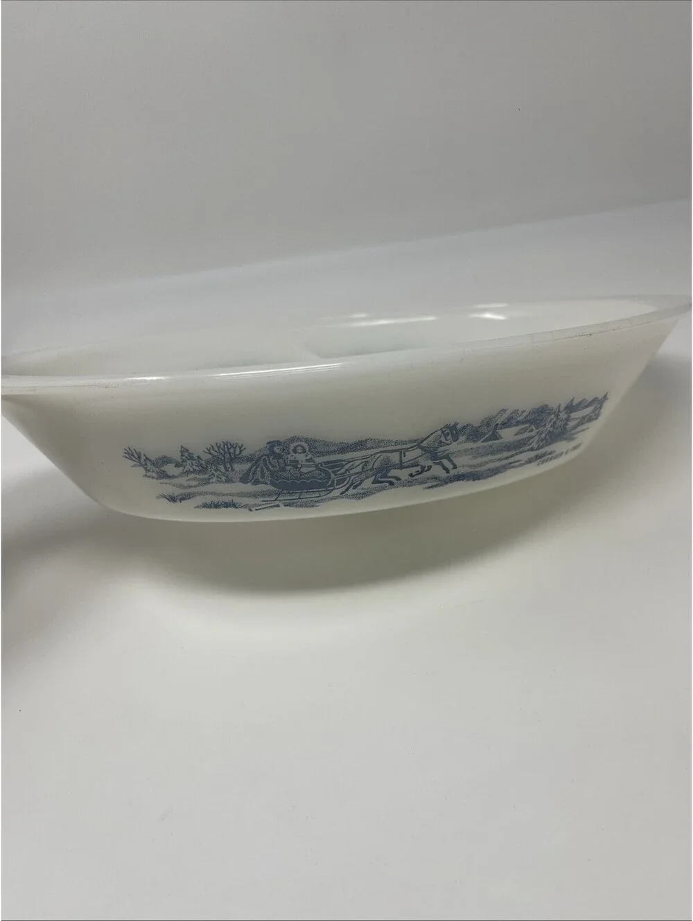 Vintage Glasbake Currier Ives Oval Glass J-2352 Divided Casserole Horse Sleigh